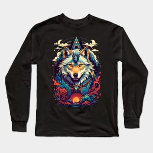 Wolf retro vintage tribal art design Long Sleeve T-Shirt